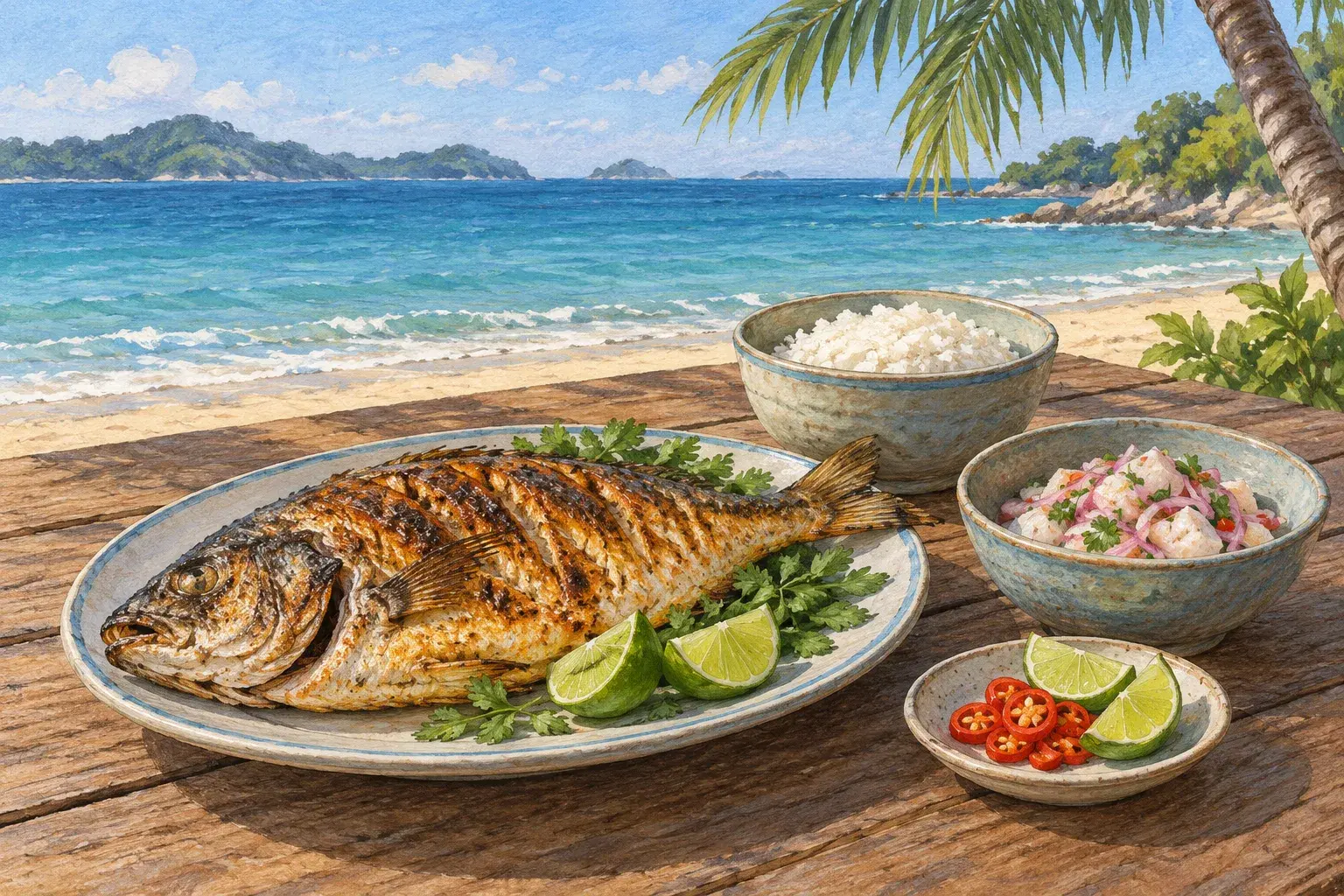 Grilled fish and lime-cured fish salad on a table by the beach