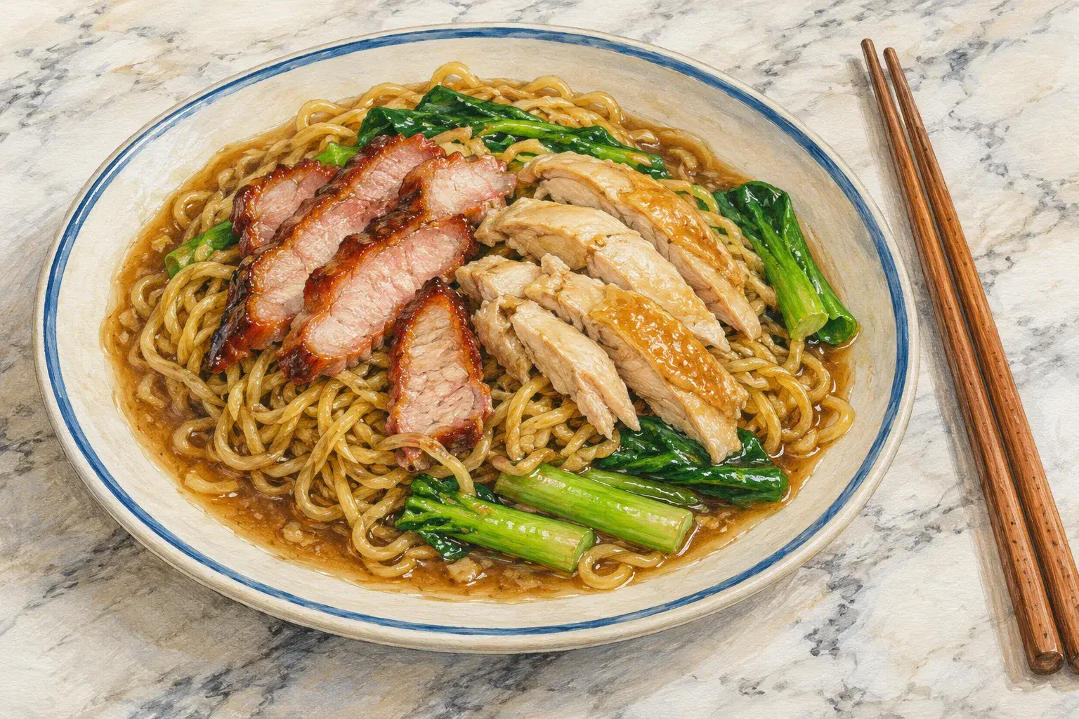 Beaufort mee: egg noodles in glossy gravy with char siu, chicken and greens
