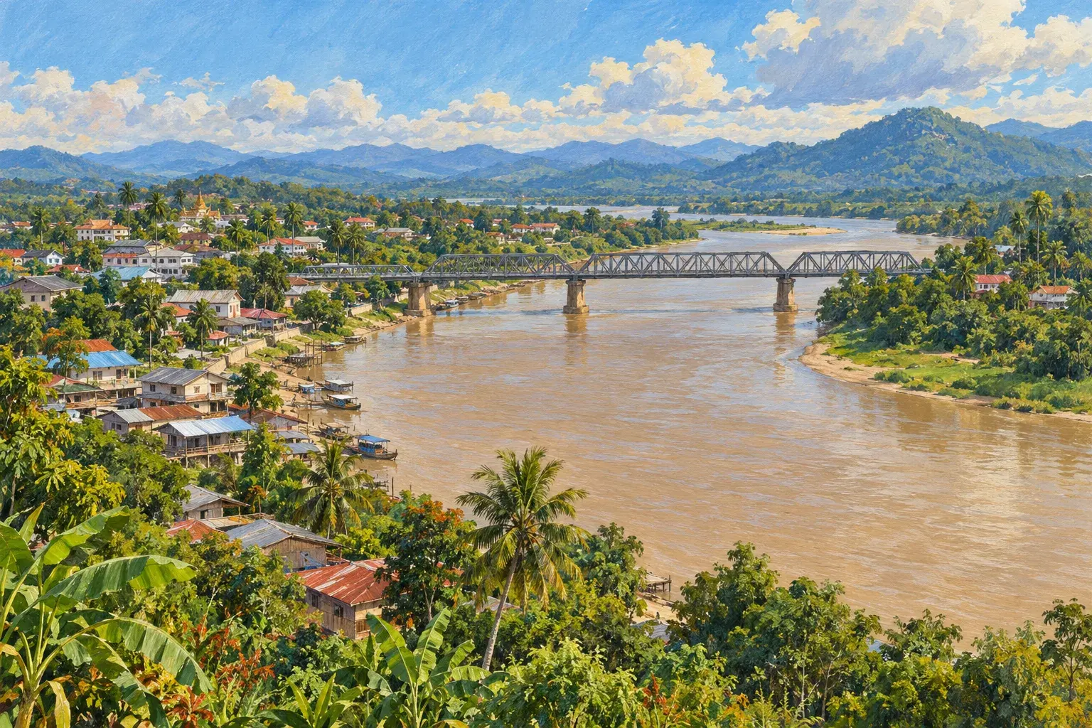 A steel bridge over a broad brown river beside a small town, evoking Beaufort on the Padas