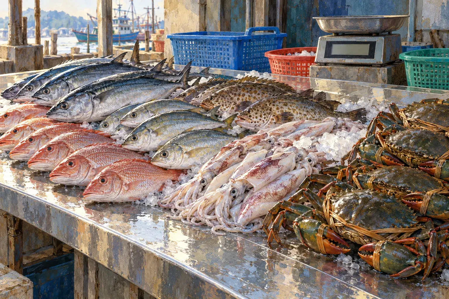 Fresh fish, squid and crabs on a market stall