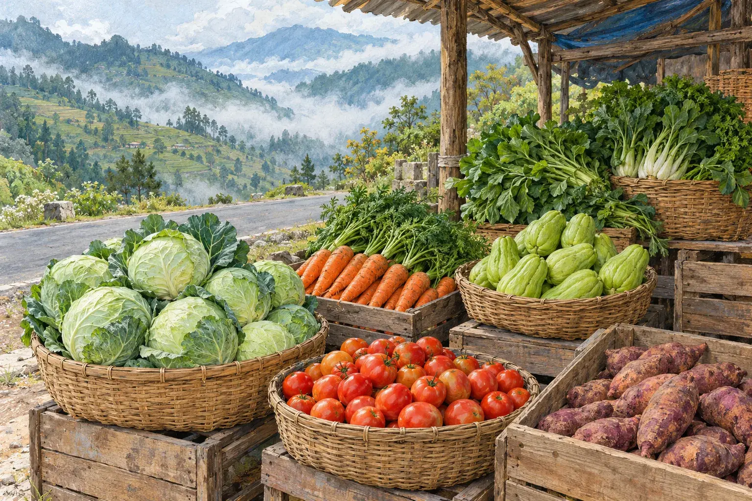 A highland roadside stall with cabbages, carrots and leafy greens
