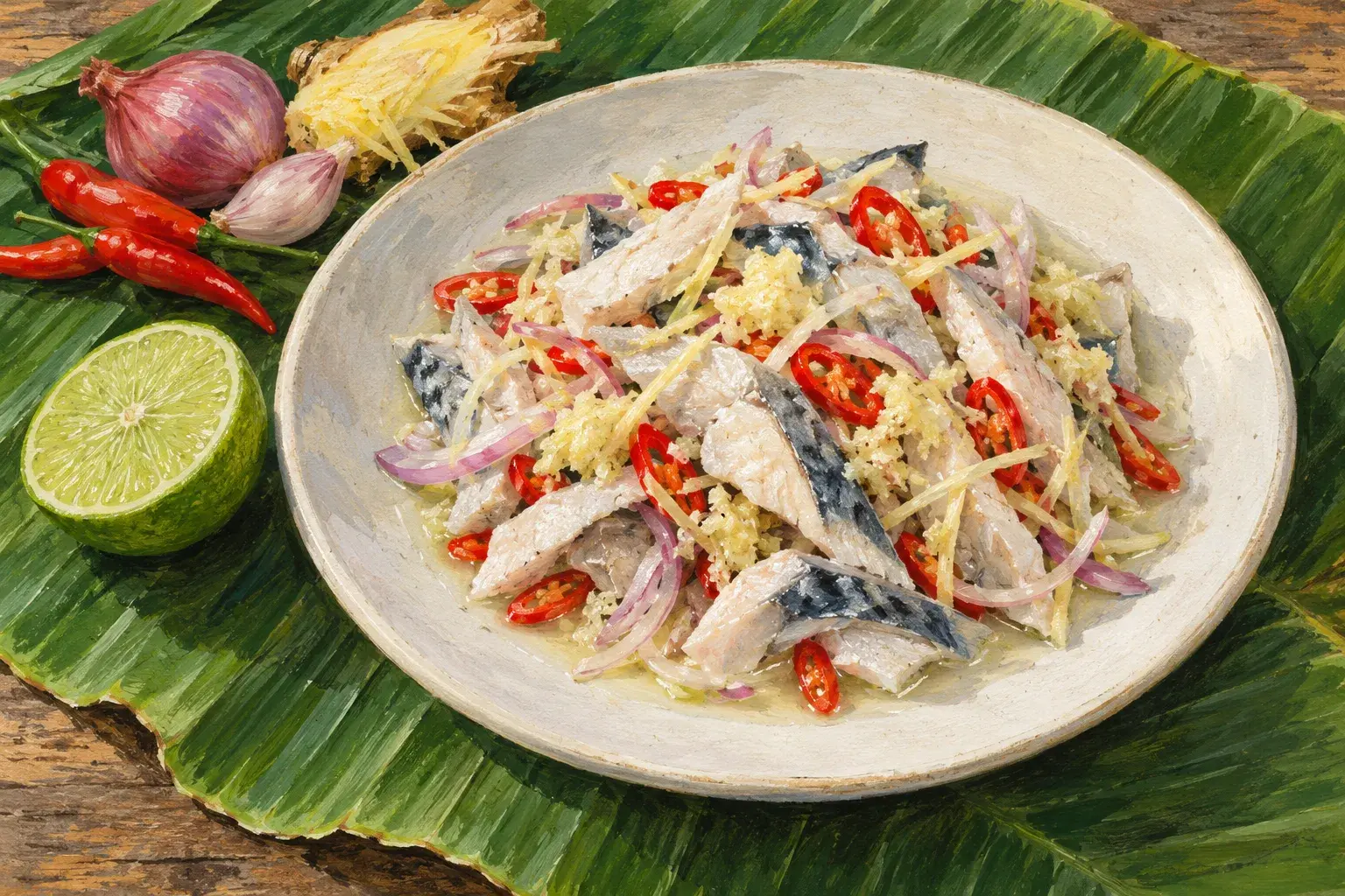 Hinava: strips of lime-cured mackerel with red chilli, shallot and young ginger on a banana leaf