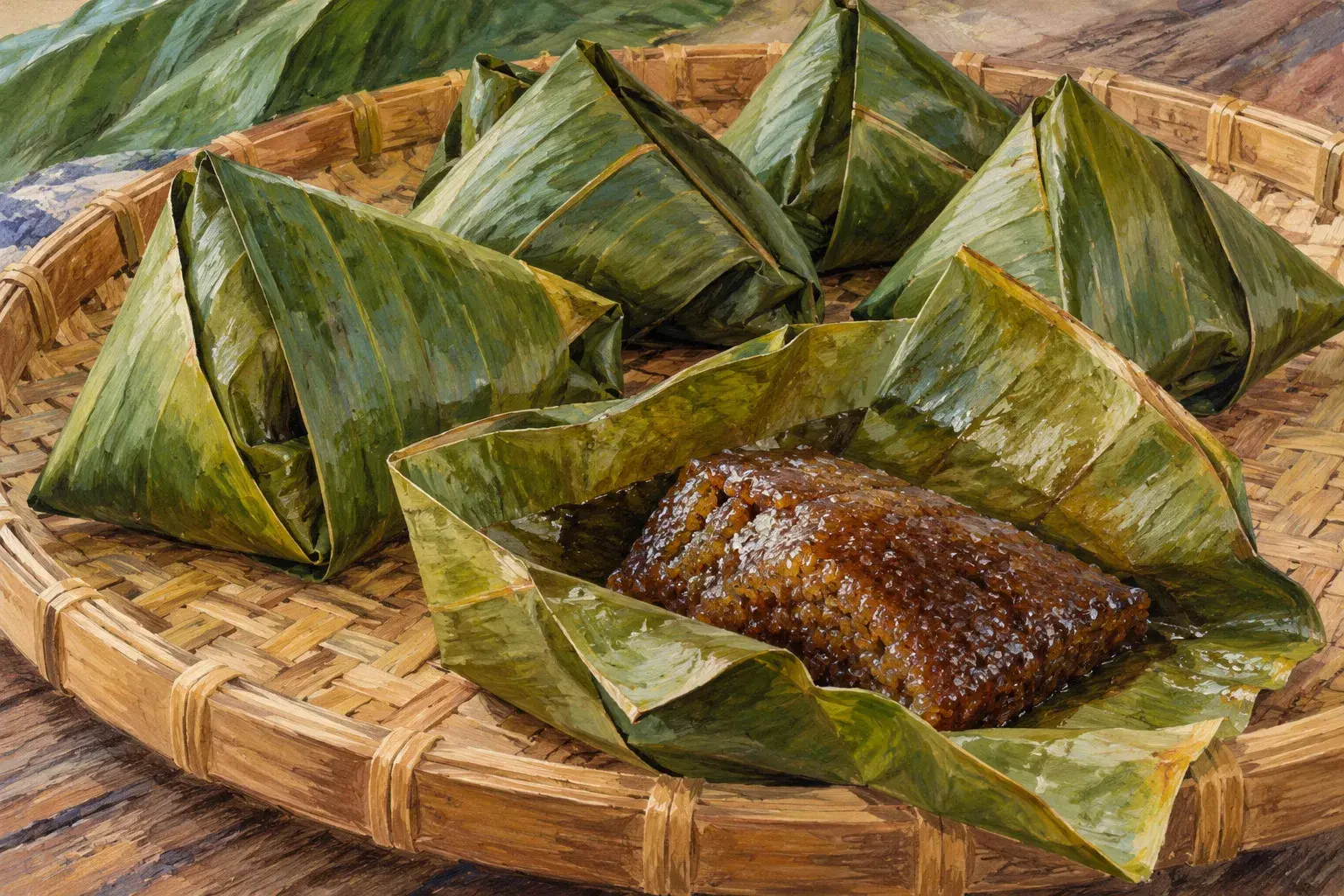 Hinompuka: banana-leaf parcels, one opened to show the brown rice cake