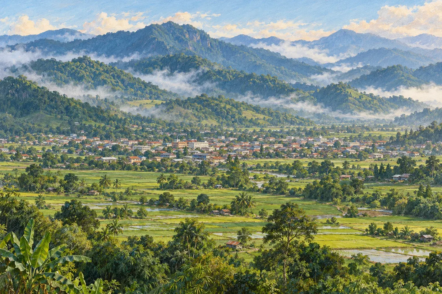 A town in a green valley ringed by forested mountains, evoking Keningau