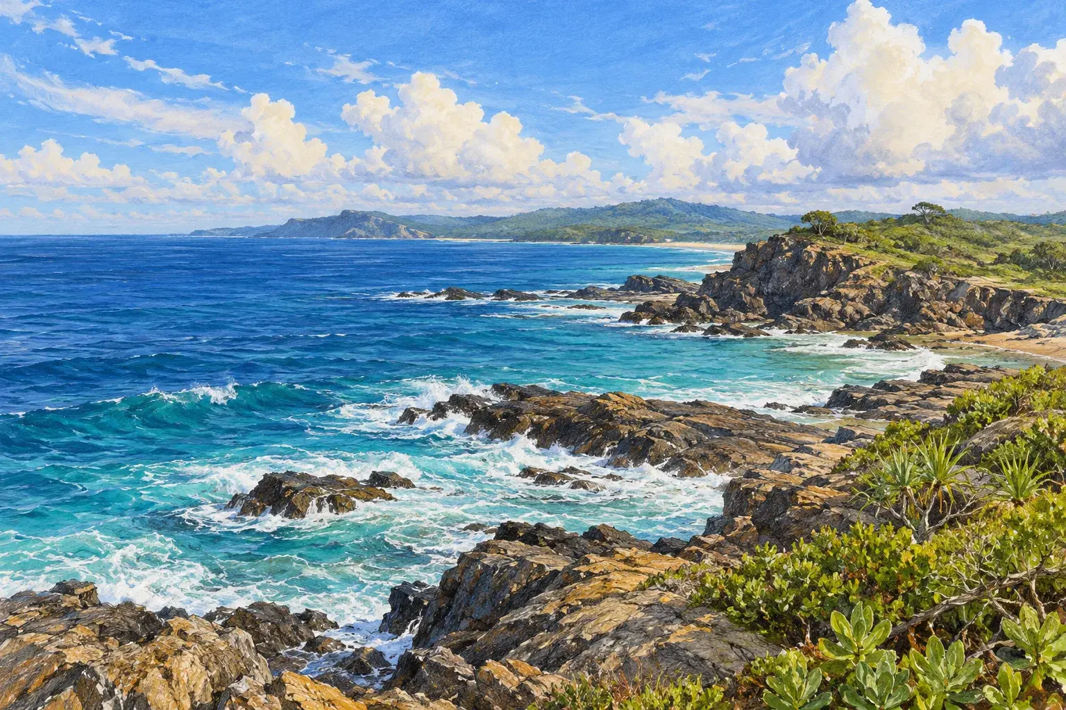 A rocky headland meeting a turquoise sea, evoking the Tip of Borneo near Kudat