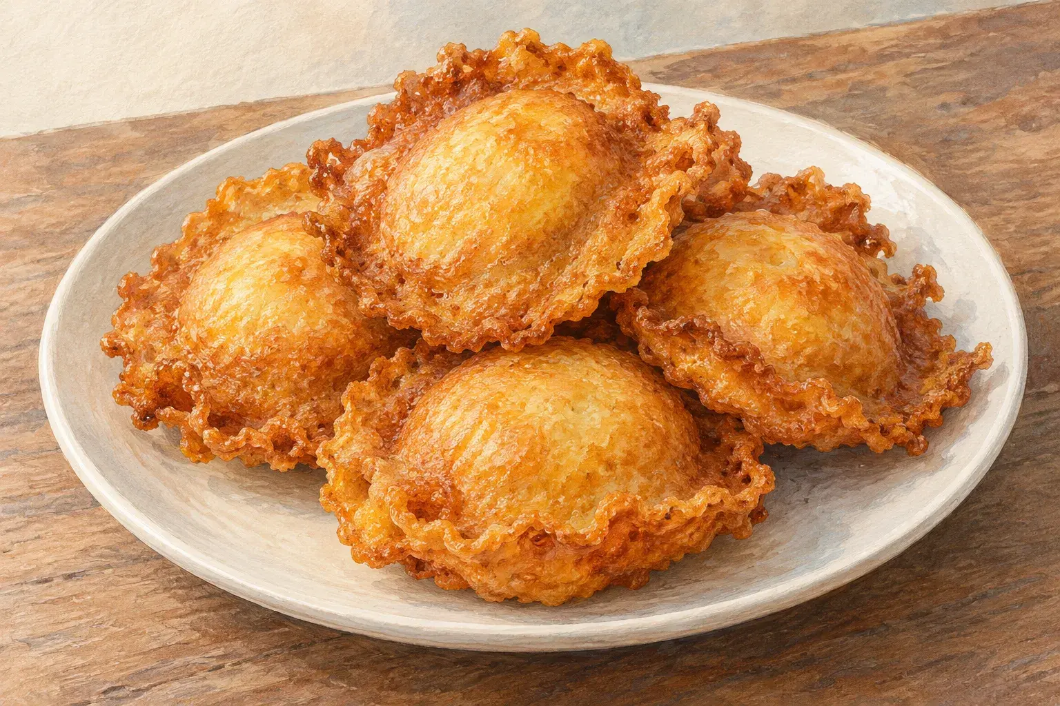 Kuih pinjaram fritters with crisp, lacy edges on a plate