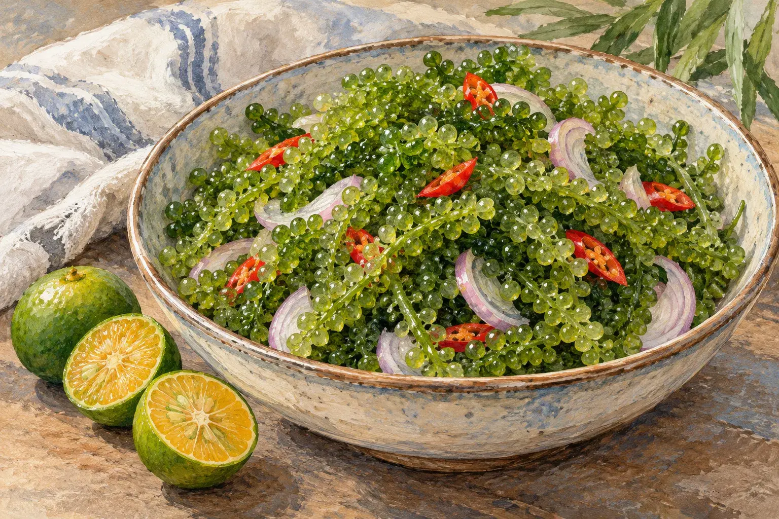 Latok sea grapes dressed with lime, chilli and shallot