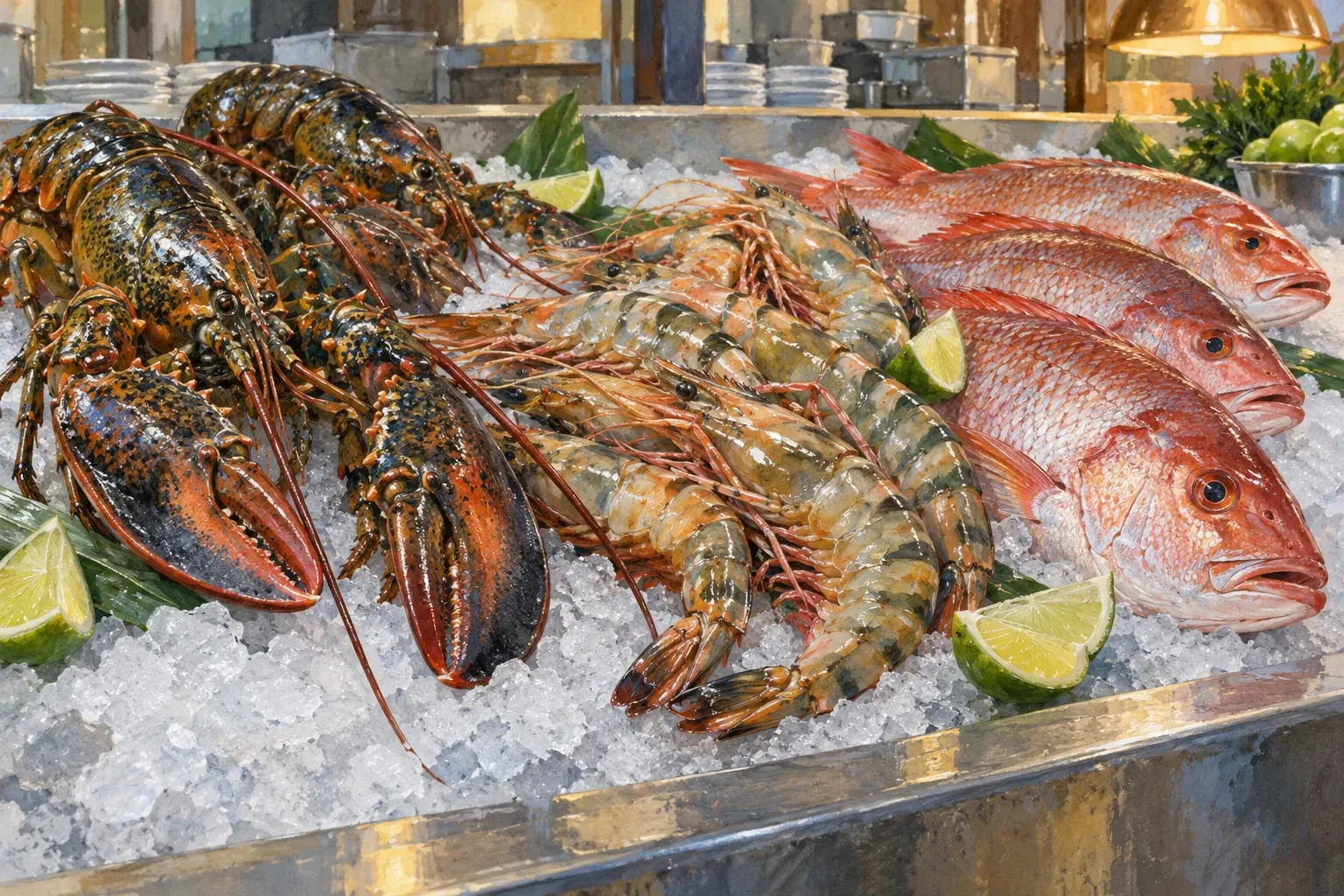 Lobsters, prawns and whole fish on ice at a seafood counter