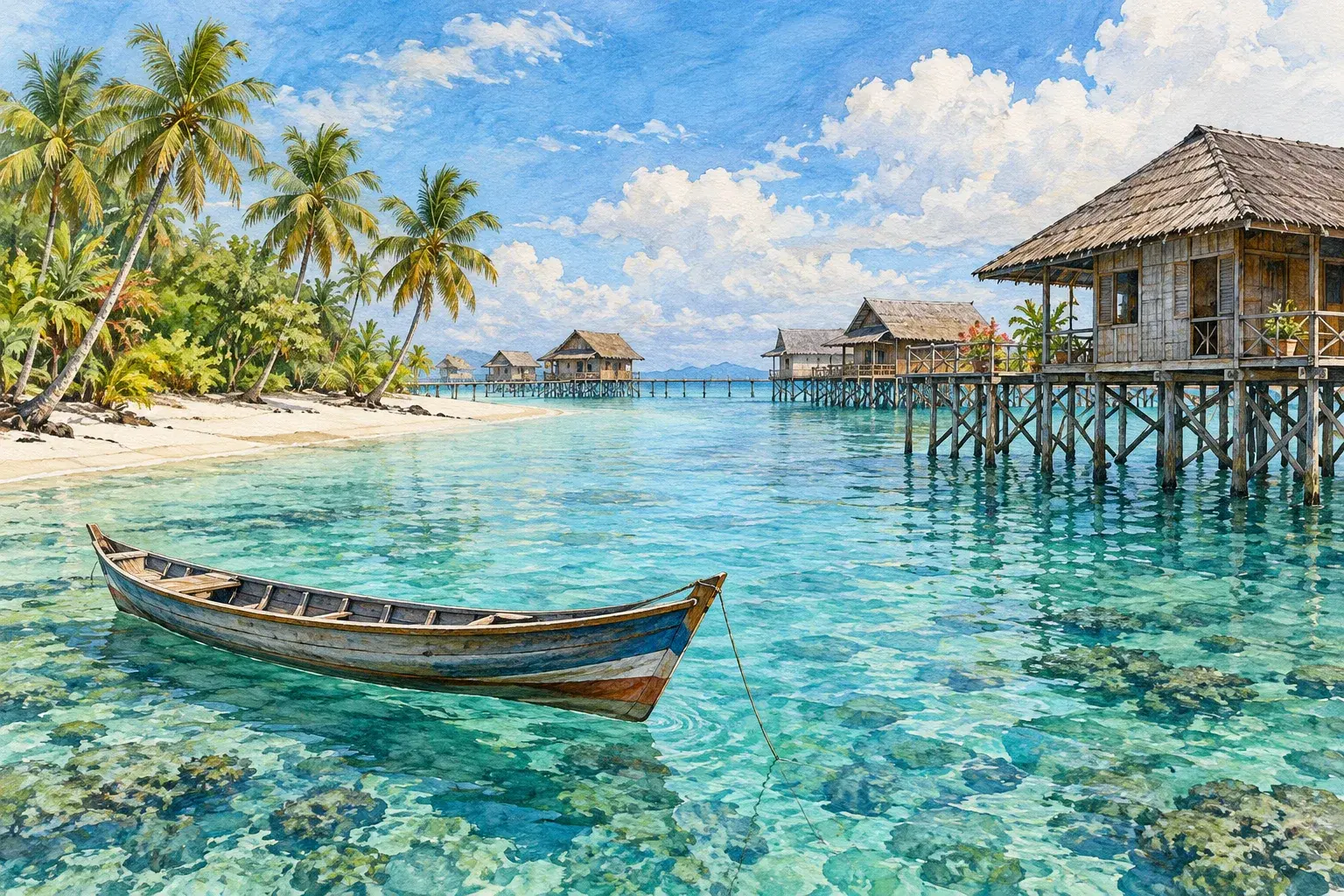 Wooden stilt houses over turquoise water off a small palm-fringed island near Semporna