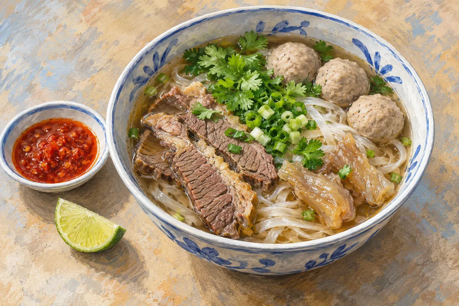 A bowl of ngiu chap beef noodle soup