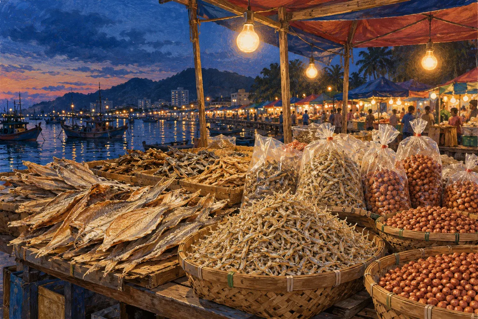 A night market stall piled with dried fish, anchovies and peanuts