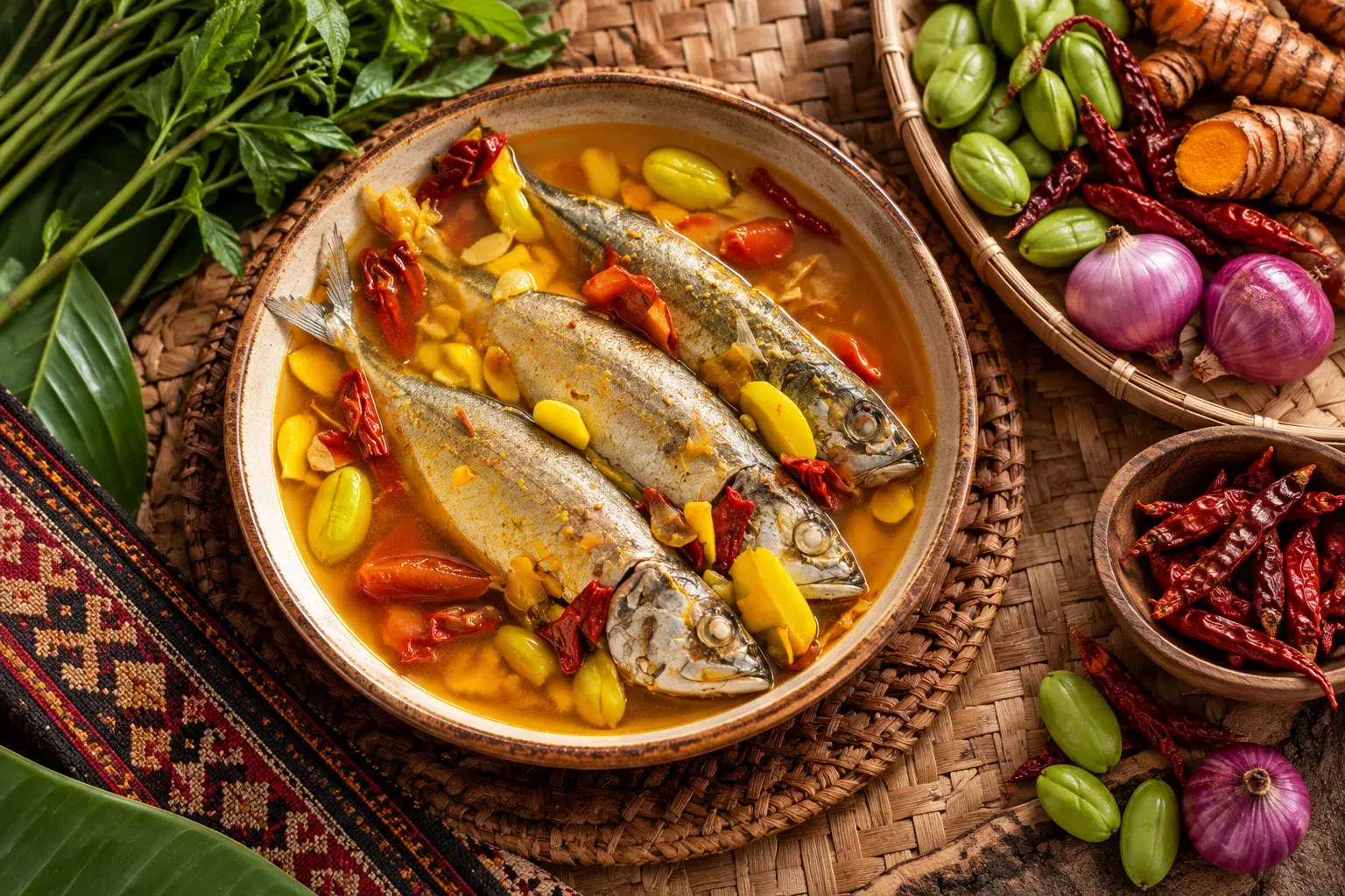 Pinasakan: whole mackerel in a yellow turmeric broth with chillies, served in a bowl on a woven mat beside fresh turmeric, shallots and dried chillies