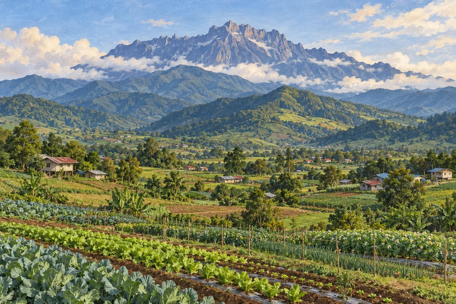 The green Ranau plain with farm plots and a granite peak on the horizon