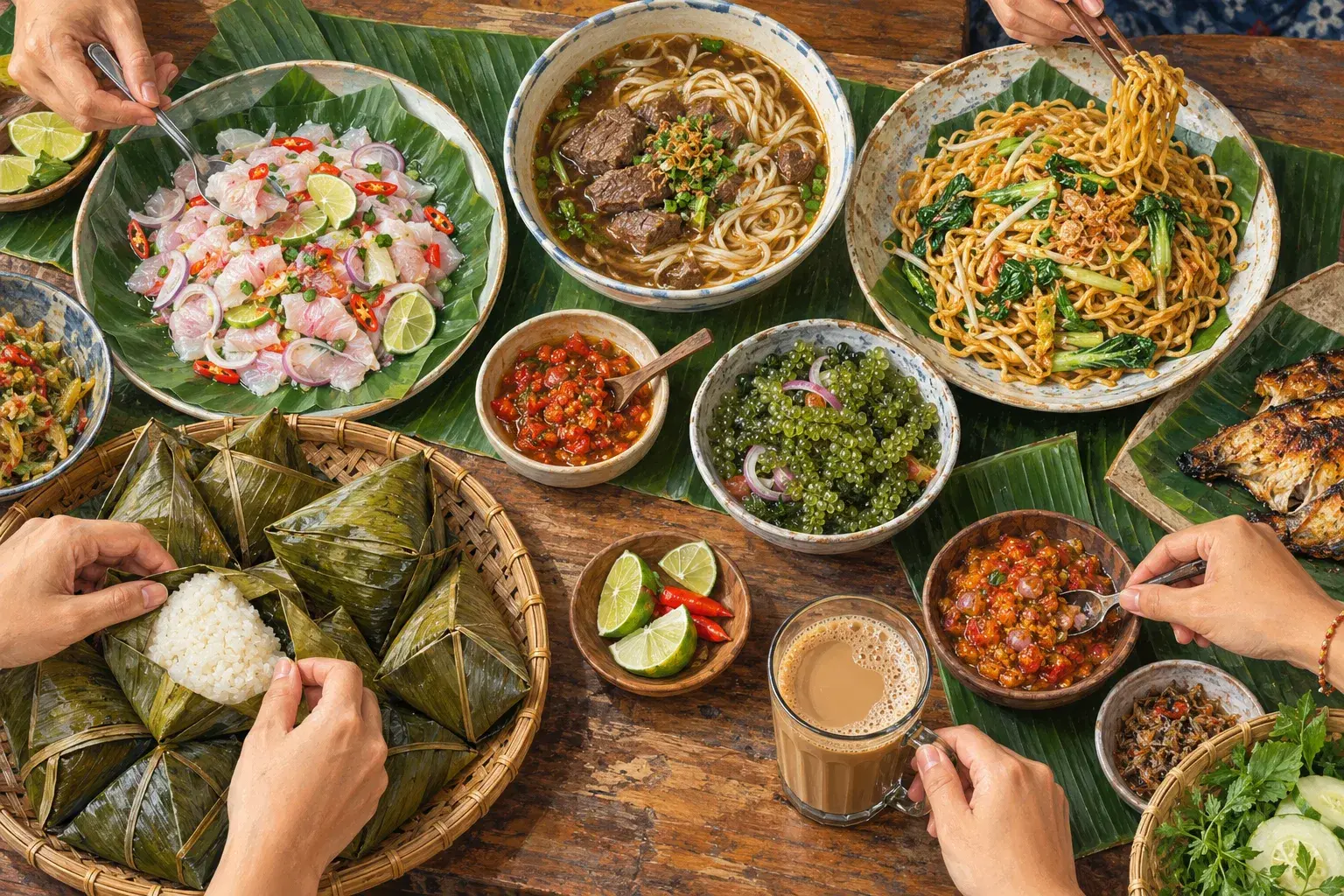 A table spread with Sabah dishes: lime-cured fish, beef noodle soup, fried noodles, leaf-wrapped rice parcels and small bowls of relish