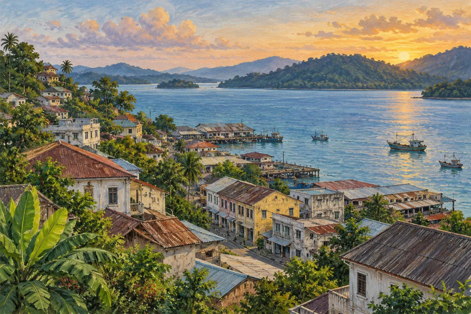 Old shophouse rooftops on a hillside above a wide bay, evoking Sandakan