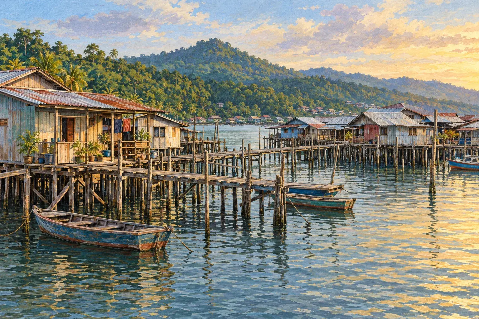 Stilt houses and plank walkways over a calm bay, evoking Sandakan's water villages