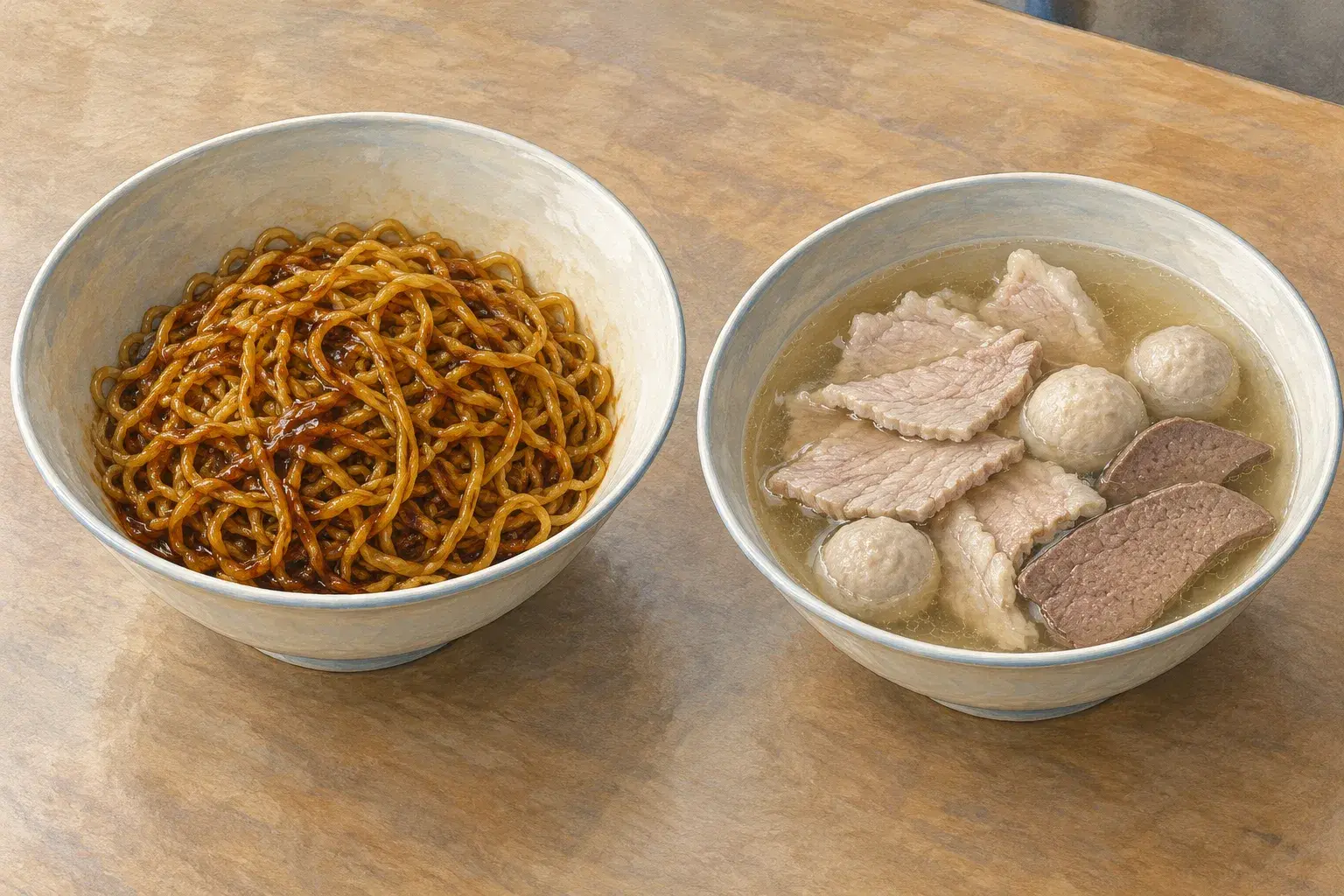 Sang nyuk mee in two bowls: yellow noodles glossy with dark soy sauce beside a pale pork broth with sliced pork, meatballs and liver