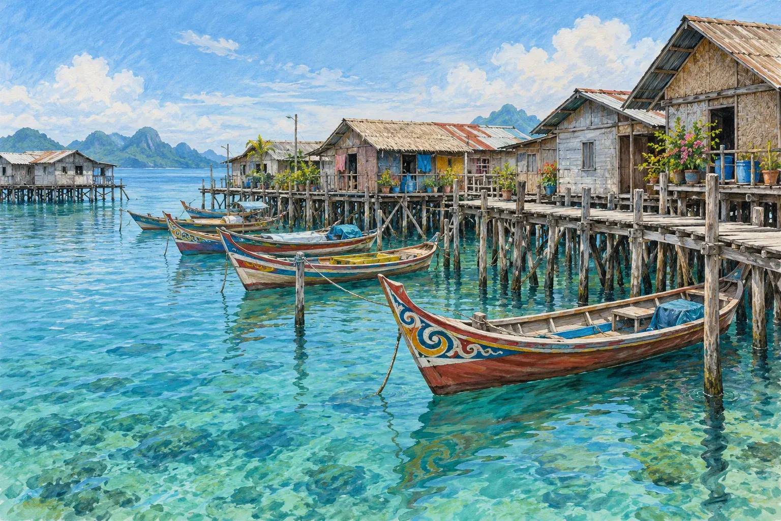 Stilt houses and painted Bajau boats on turquoise water, evoking Semporna