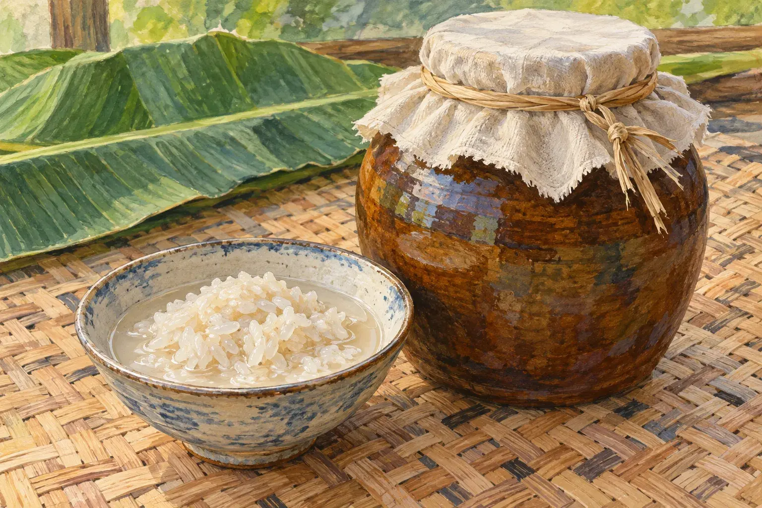 A bowl of tapai fermented rice beside a cloth-covered jar