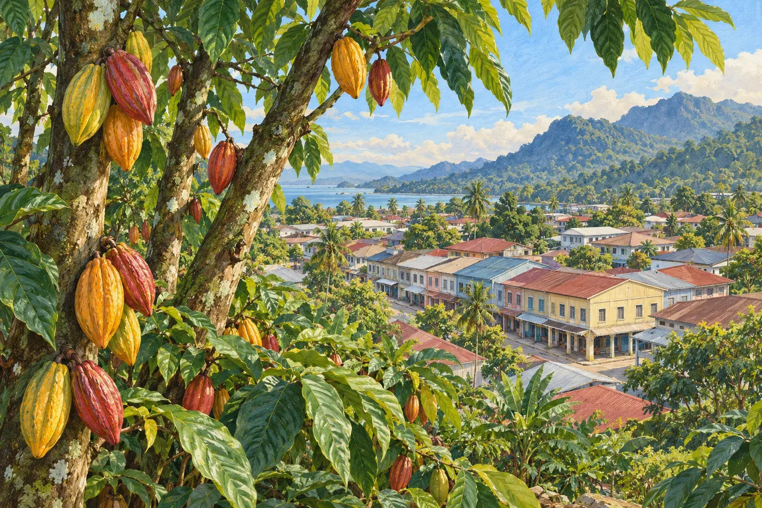 A small town below forested hills with cocoa trees in front, evoking Tawau
