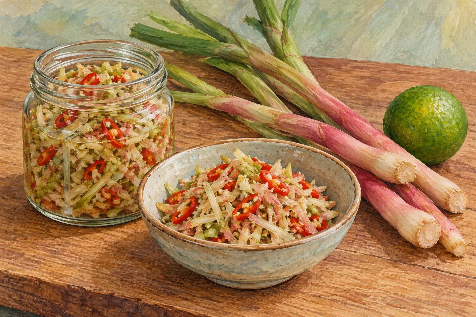 Tuhau: chopped wild ginger relish with red chilli in a jar and a small bowl